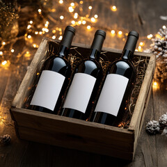 Red Wine Bottle Set Mockup with Blank Labels in Festive Setting