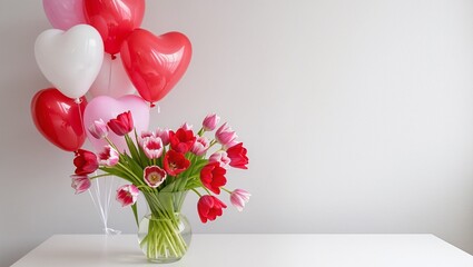 Colorful bouquet of red and pink tulips in a glass vase, accompanied by heart-shaped balloons, creating a festive atmosphere for celebrations and special occasions