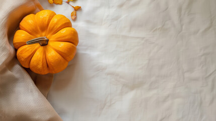 Autumn pumpkins on linen background for festive fall Halloween and thanksgiving design.
