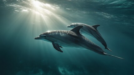 Fototapeta premium Conceptual image of two graceful dolphins swimming underwater with stunning sun rays piercing through the clear blue ocean, showcasing marine life in natural light with cinematic details.