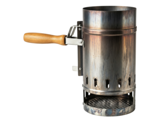 Metal charcoal chimney starter for barbecue grill with wooden handle on a transparent background