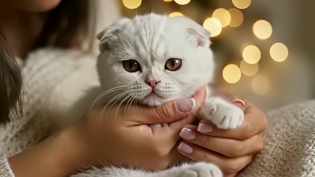 A serene woman tenderly cradles a white cat with striking big eyes in her hands, exuding gentle nurturing as she holds its paw, showcasing the significance of care and attention in daily life.