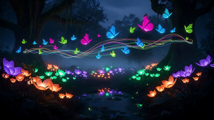 Magical nighttime display of colorful glowing butterfly lights