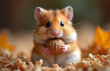Adorable hamster holds walnut with paws. Small furry pet sits on wood shavings. Funny animal with food. Closeup view of cute rodent with big eyes.