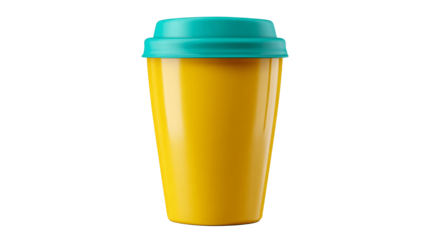 Bright yellow reusable cup with teal lid on a white background, showcasing eco-friendly design.