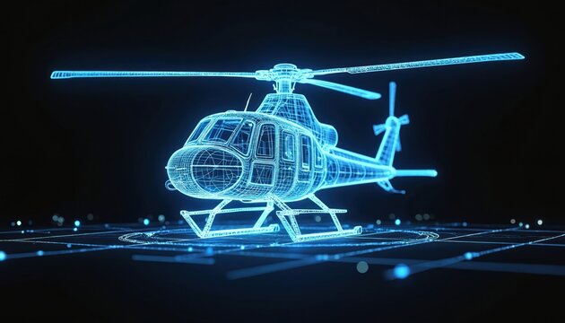 Neon blue wireframe helicopter hologram hovers over digital grid. Futuristic aircraft schematic displays advanced tech. Innovation in aviation design unfolds in cyberspace.