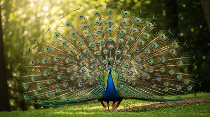 Majestic peacock displays vibrant feathers in sunlit forest