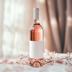 Wedding day wine bottle mockup with blank label and romantic flower background.