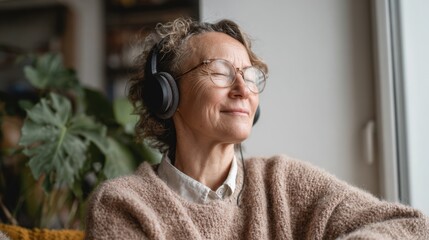 Elderly woman sitting on a couch with her eyes closed and a peaceful expression on her face. she is wearing a beige sweater and has a pair of black headphones on her head.