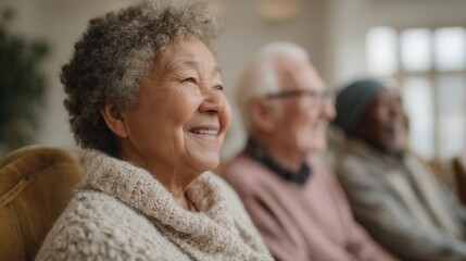 Elderly couple sitting on a couch in a living room. the woman is on the left side of the image, with curly hair and is wearing a beige sweater.