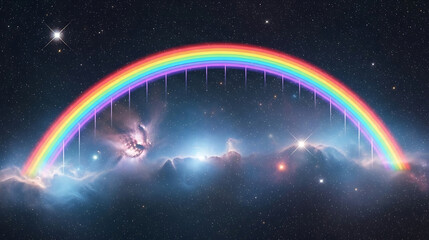 Cosmic rainbow arch over nebula and stars