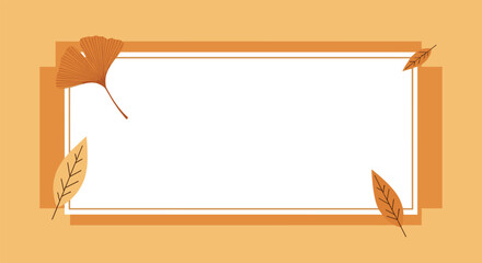 Autumnal border design with ginkgo and other fallen leaves on a muted orange background.