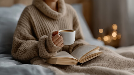 Woman in cozy sweater reading book with coffee in bed relaxing slow living home lifestyle