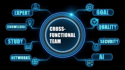 Futuristic Digital Infographic Diagram Illustrating Cross- Functional Team Concepts with Icons and Glowing Blue Neon Lights on Black Background