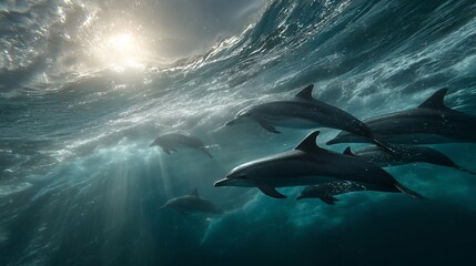 Naklejka premium Conceptual underwater view of a pod of dolphins gracefully swimming through ocean waves, illuminated by bright sun rays, captured with cinematic lighting and 4k detail.