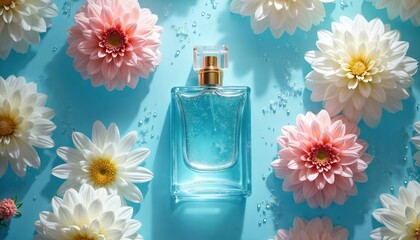 Glass perfume bottle floats in blue water with white, pink flowers. Liquid drops sparkle around fragrance product. Still life for fresh scent, spa beauty. Delicate blossoms, aqua create serene mood,