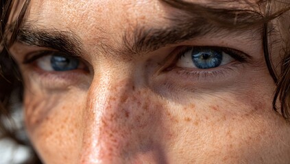 Close-up of a man’s face with vivid blue eyes, natural freckles, and sunlit skin, showcasing detailed texture and realistic expression.