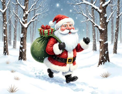 Santa Claus walks joyfully in a snowy forest. He carries a large green sack on his back and holds a gift in his hand. Snow falls gently around him Generative AI