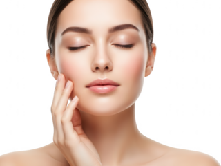 Woman's face with eyes closed and hand touching cheek, beauty concept isolated on transparent background