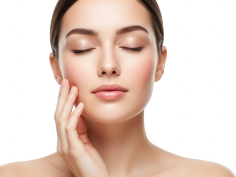 Woman's face with eyes closed and hand touching cheek, beauty concept isolated on transparent background - Powered by Adobe