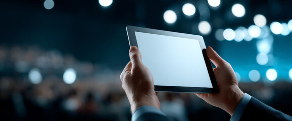 Close-up of person holding digital tablet with blank screen in blurred conference or event setting with bokeh lights