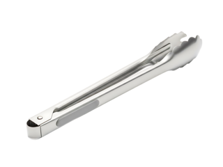 Shiny metal kitchen tongs.
