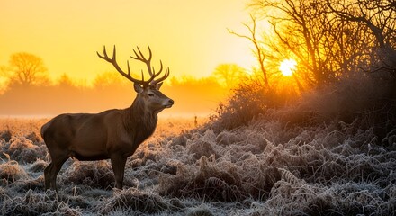 Majestic red deer stag stands in a frosty field during a golden sunrise