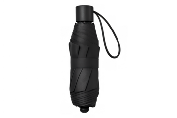 Black compact umbrella folded and strapped, ready for travel and rain protection, portable accessory for bad weather conditions