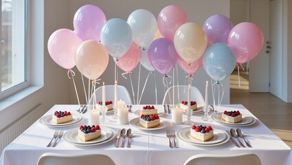 Colorful balloons in pastel shades float above a beautifully arranged table with delicious cakes topped with fresh berries, creating a festive celebration atmosphere