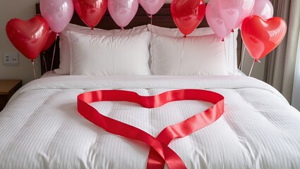 Romantic bedroom setup with heart-shaped ribbon on bed, surrounded by red and pink balloons, creating a cozy atmosphere for love and celebration
