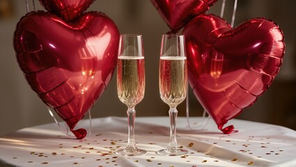 Two elegant champagne flutes filled with sparkling beverage, surrounded by heart-shaped balloons and golden confetti, creating a romantic celebration atmosphere for special occasions