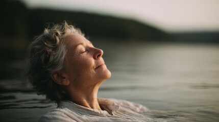 Fototapeta premium Close-up portrait of an elderly woman with curly blonde hair, floating in a body of water. she is wearing a white blouse and appears to be in a peaceful and serene state.