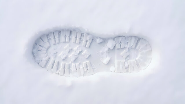Single boot print impression in fresh white snow with crisp tread texture visible