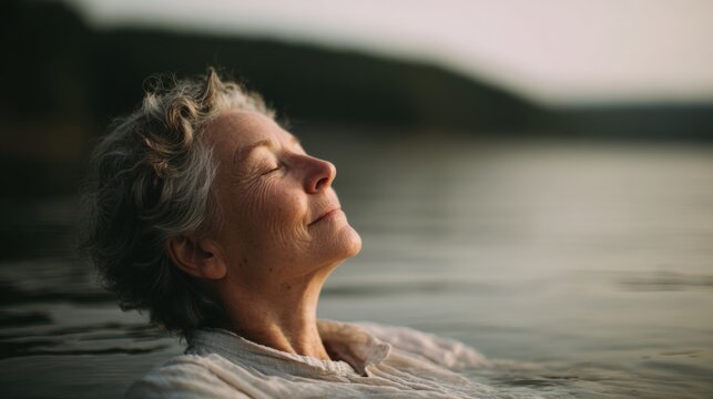 Close-up portrait of an elderly woman with curly blonde hair, floating in a body of water. she is wearing a white blouse and appears to be in a peaceful and serene state. - Powered by Adobe