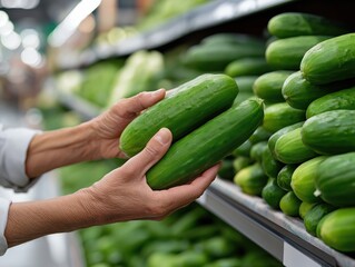 Hands selecting fresh organic cucumbers from a vibrant grocery store display, showcasing healthy produce and emphasizing the importance of organic market choices