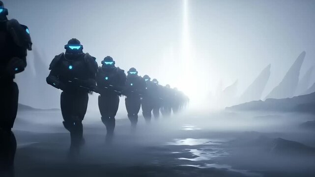 Futuristic soldiers marching in a foggy alien landscape towards a bright light.