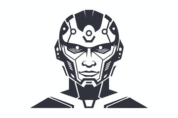 Striking monochrome shows an android face with radial lines for a futuristic mood