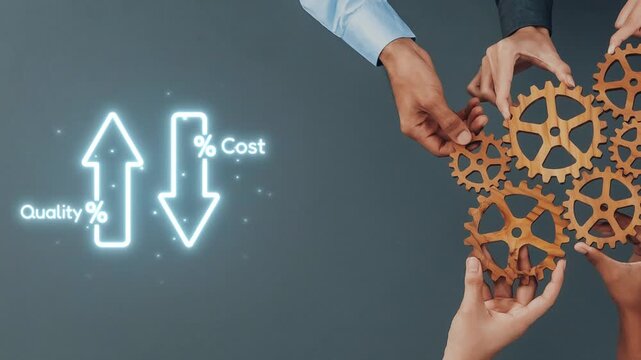 Hands connect gears while arrows indicate quality growth and cost reduction, symbolizing teamwork and innovation in achieving business efficiency and productivity. Raster