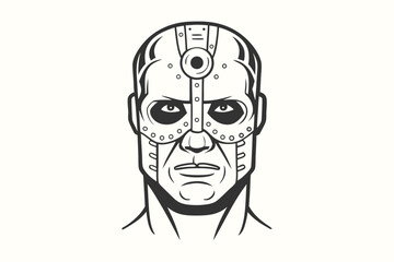 Monochrome sketch shows a cyborg head with many circular accents and piercing gaze
