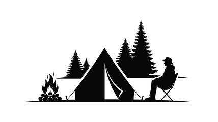 A tranquil camping scene with a tent campfire and seated person silhouette