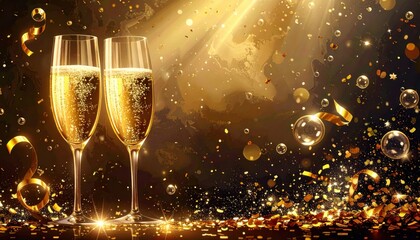Stunning golden champagne toast celebration with falling confetti and bright sparkling lights for New Year's Eve parties