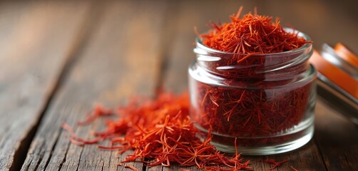 Close-up of glass jar filled with vibrant saffron threads, delicate shavings on wooden surface. Rich color highlights spices luxurious texture, value. Image represents premium culinary ingredients.