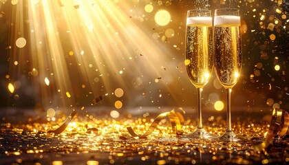 Stunning golden celebration with two flutes of sparkling champagne and falling confetti for a perfect toast