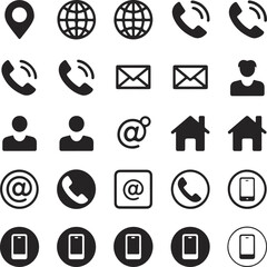 Collection of black and white contact and communication icons phone telephone