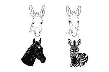 Naklejka premium Animal portraits: monochrome silhouette and linear art of donkey, horse, and zebra faces