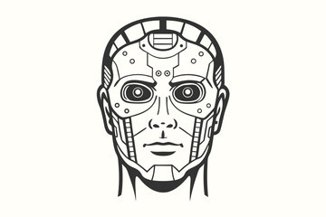 Line drawing depicts a futuristic robotic head with detailed metal features and distinct eyes