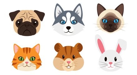 Fototapeta premium Cute animal faces collection featuring popular pets in flat style
