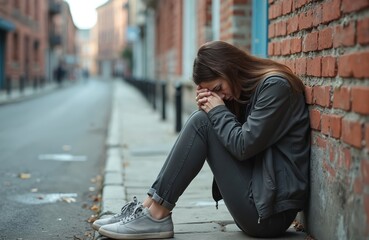 Fototapeta premium Young woman sits on street corner with head resting on her knees. She looks sad maybe depressed. Brick wall background. City street behind. Depression concept.