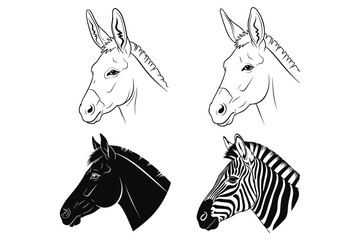 Naklejka premium Animal head profiles: zebra, horse, donkey in line and silhouette styles
