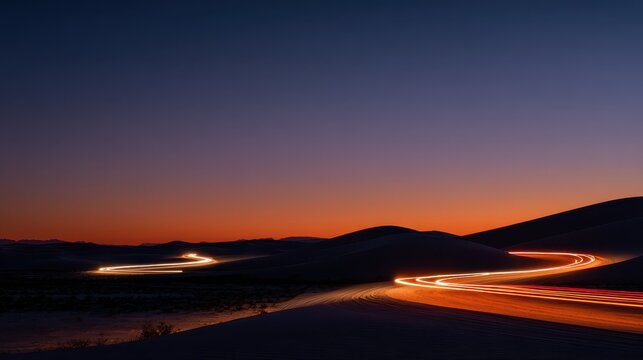 Serene Desert Landscape at Dusk Featuring Gentle Sand Dunes and Light Trails from Vehicle Movement Under a Stunning Twilight Sky